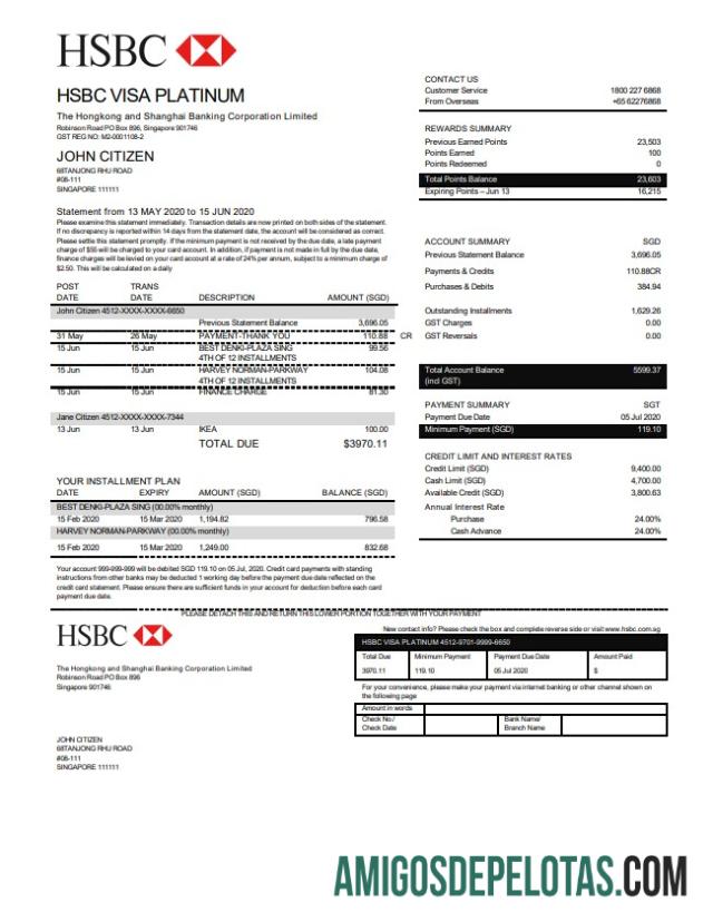 Modelo de extrato de cartão de crédito Visa Platinum para download em Hong Kong HSBC Bank em formato Word e PDF